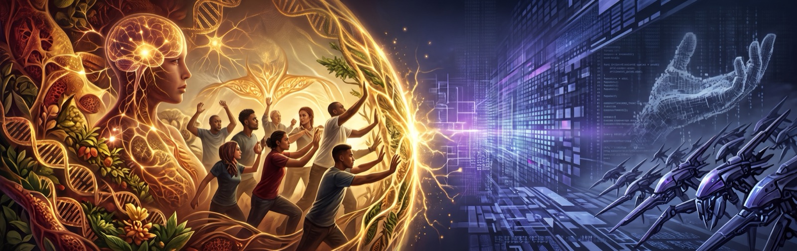 People of every age push back a wall of glowing vines and roots against a wall of code and machines